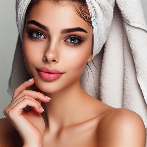 Ragazza con asciugamani in testa per lasciar agire spray capelli olio ai semi di lino Omia
