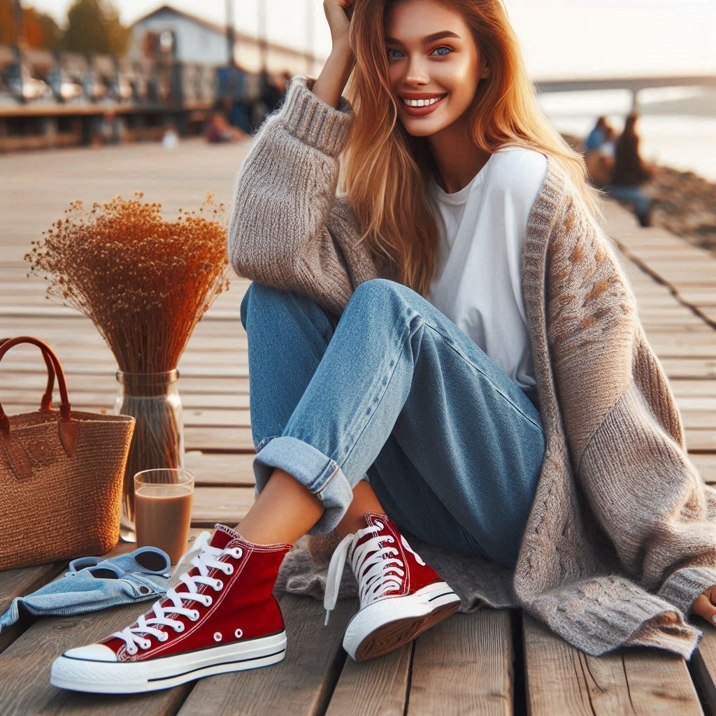 Converse high top con jeans maglietta e cardigan oversize