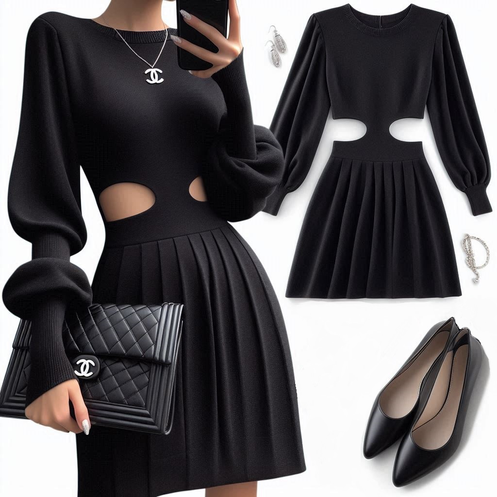 Abito cut out con ballerine nere con tacco e borsa stile Chanel