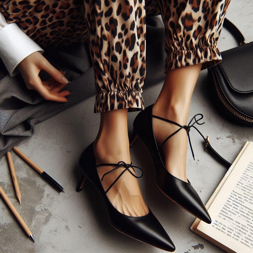 ballerine con tacco abbinate a pantaloni animalier