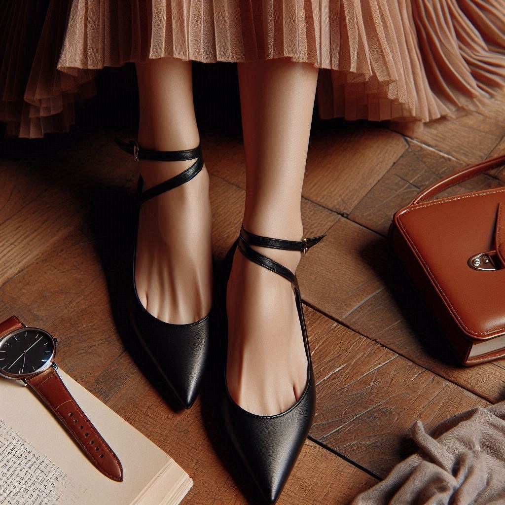 scarpe nere a punta con doppio cinturino abbinate a una gonna plissettata
