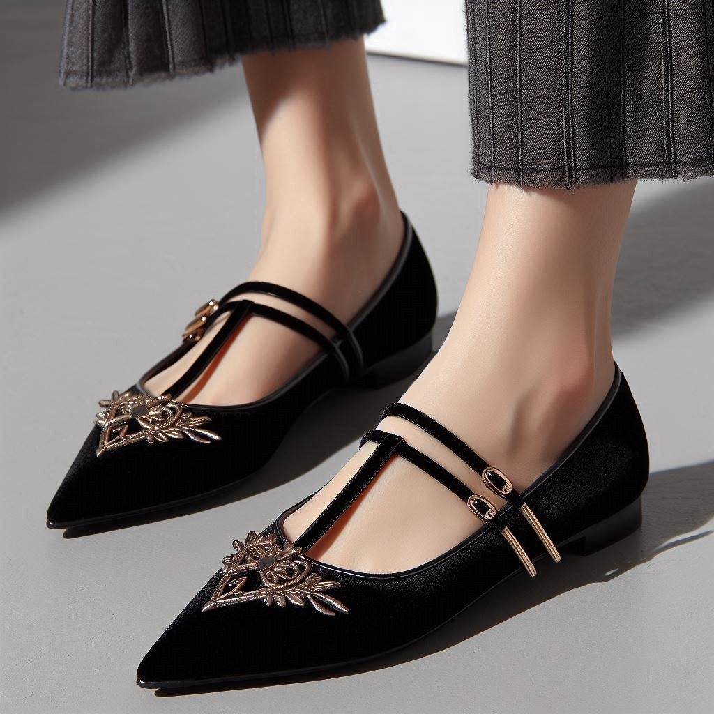 ballerine Mary Jane velluto nero con doppio cinturino a T