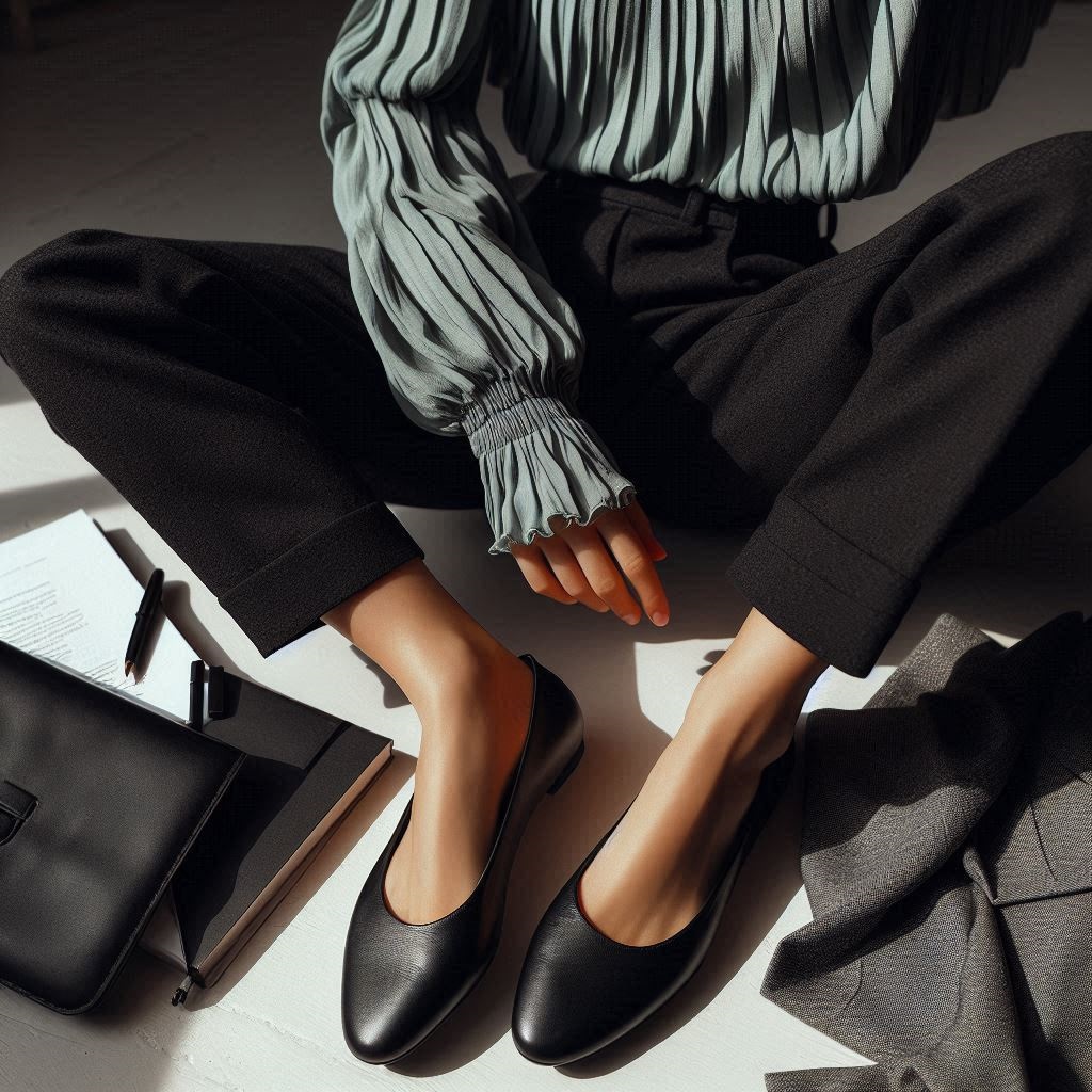ballerine nere abbinate con blusa verde petrolio e pantaloni neri