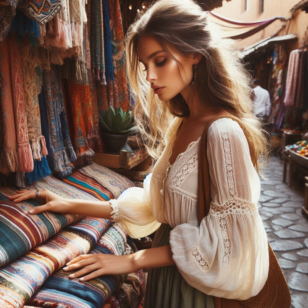 Boho chic modella cammina in un mercato artigianale in Marocco sfiorando con le mani tessuti colorati
