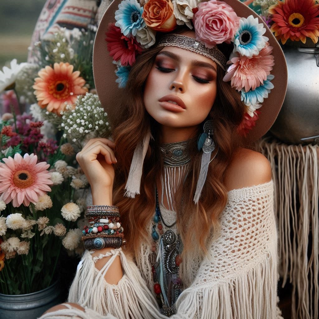 ragazza hippy anni 70 con fiori e gioielli etnici che ascolta la musica
