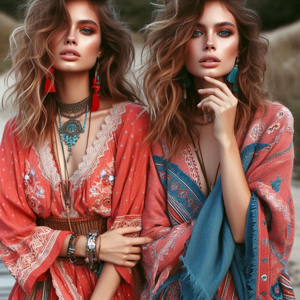 modelle vestite in stile nuovo boho chic con abiti rosso corallo e blu