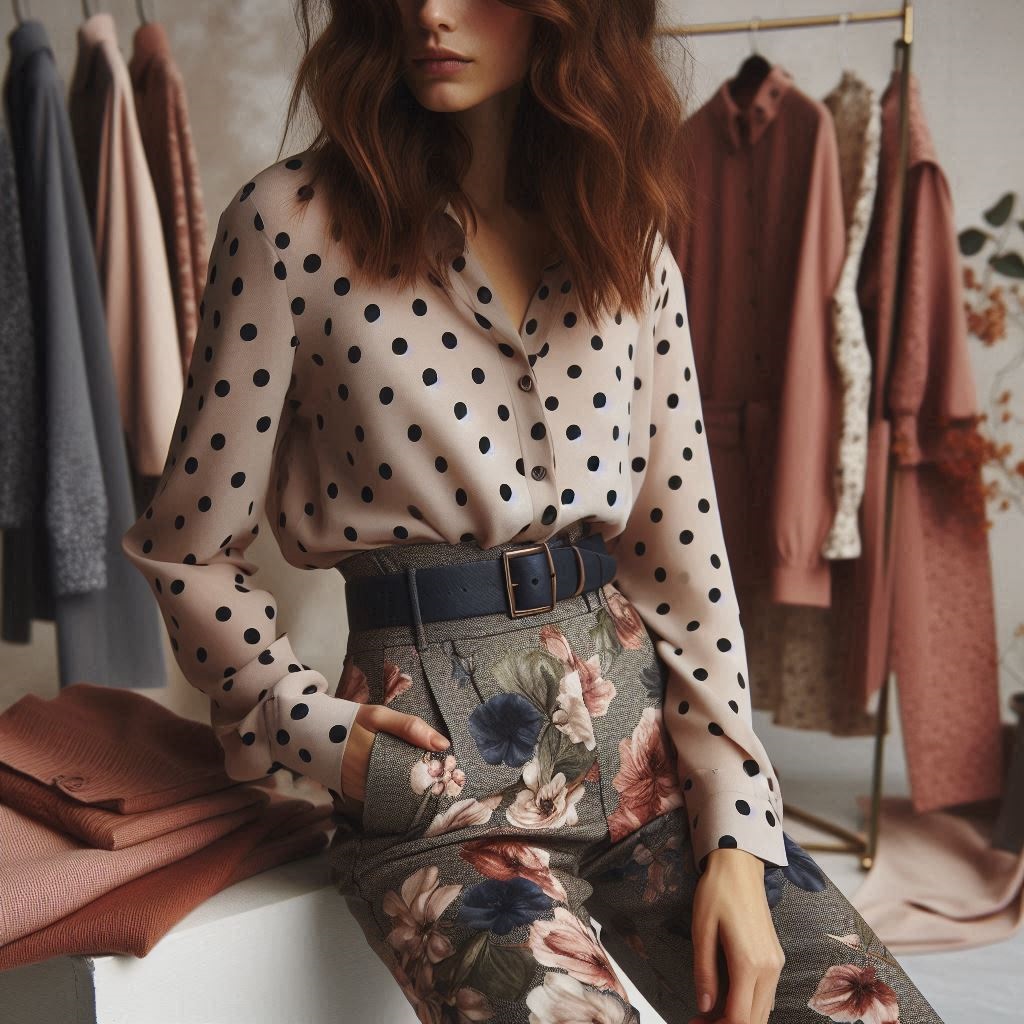 abbinamento camicia a pois e pantaloni a fiori
