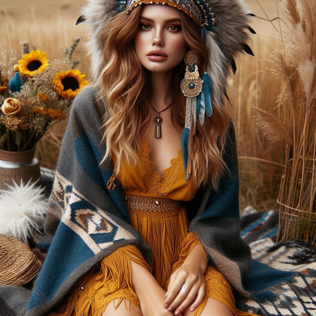 Donna vestita in stile boho chic con copricapo indiano, scialle con motivo etnico e abito in cotone color giallo senape