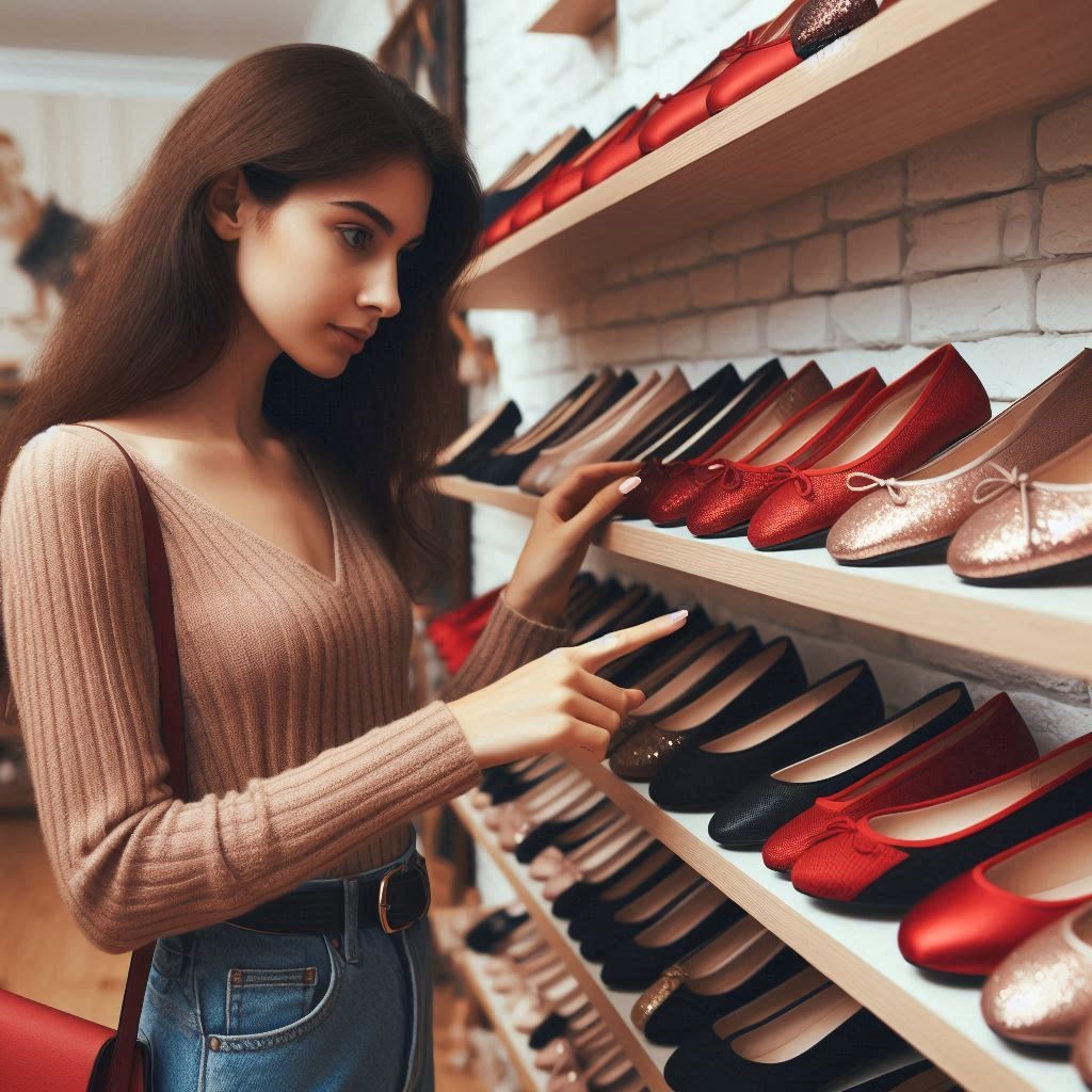 Ragazza che guarda ballerine rosse, nere e dorate su uno scaffale in negozio