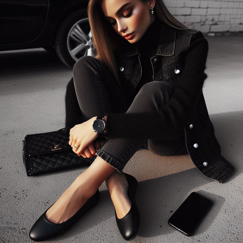 ballerine nere di pelle con look total black