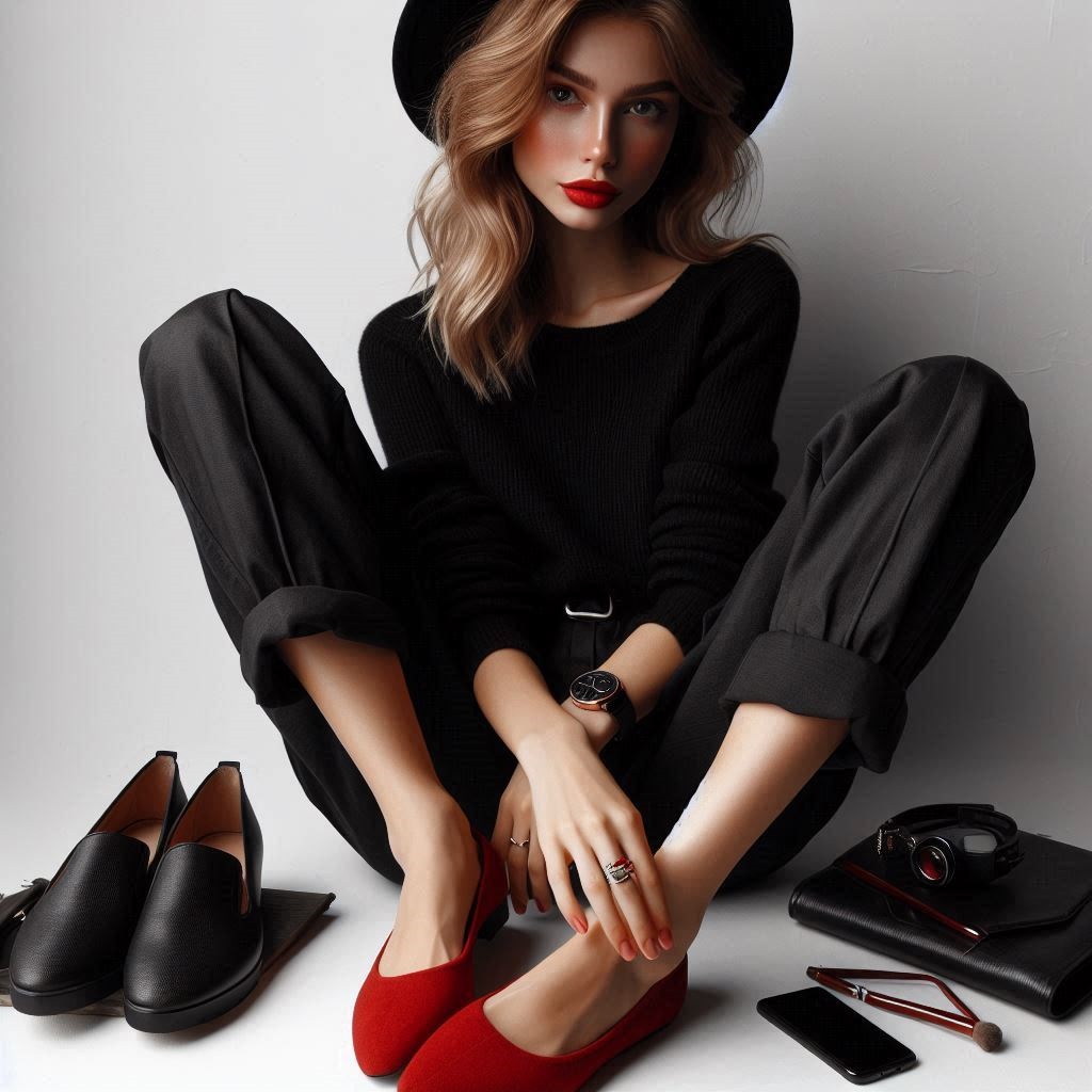 donna con look total black rossetto rosso e ballerine rosse