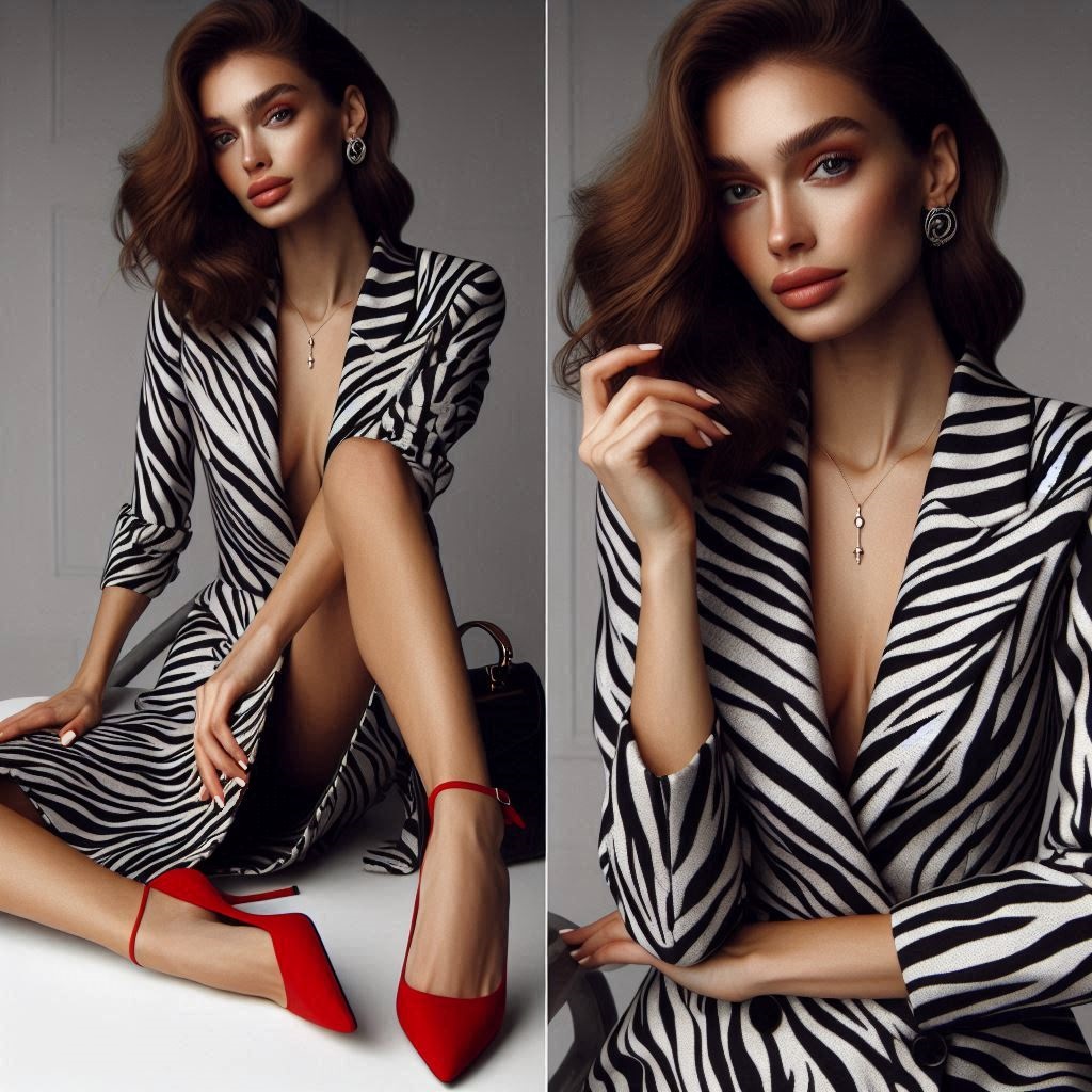 Donna sofisticata con vestito zebrato e scarpe decolletee rosse con tacco alto