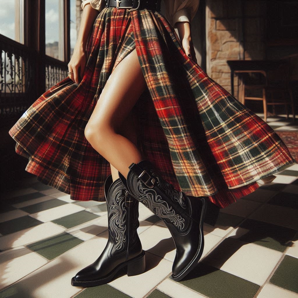 gonna lunga in tartan con stivali texani neri