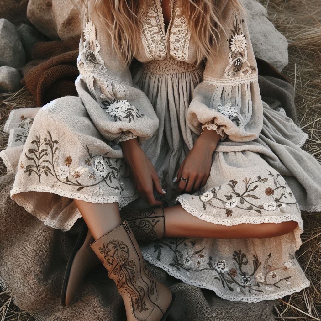 Modella che indossa un abito di lino boho chic con ricami raffinati e stivali