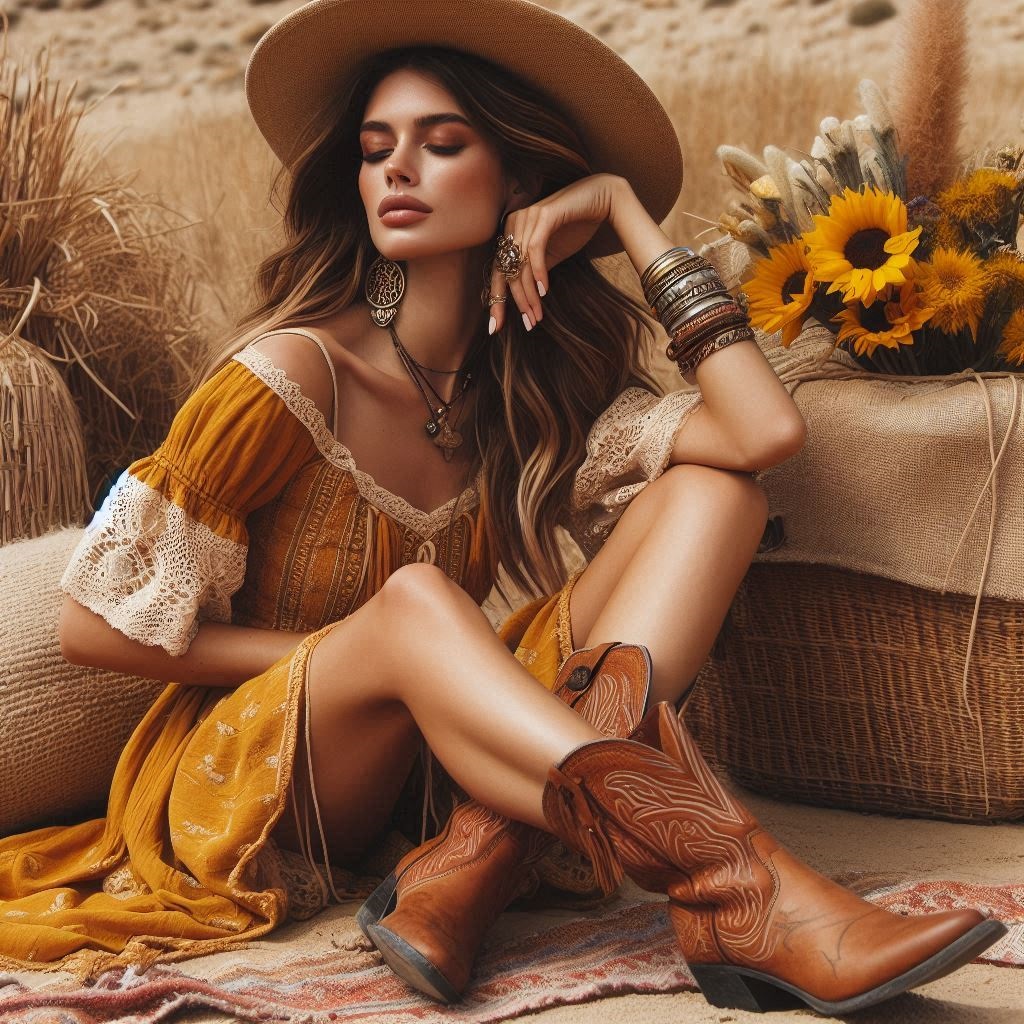 Modella con vestito ocra nuovo boho chic, cappello a tesa larga e stivali texani marroni