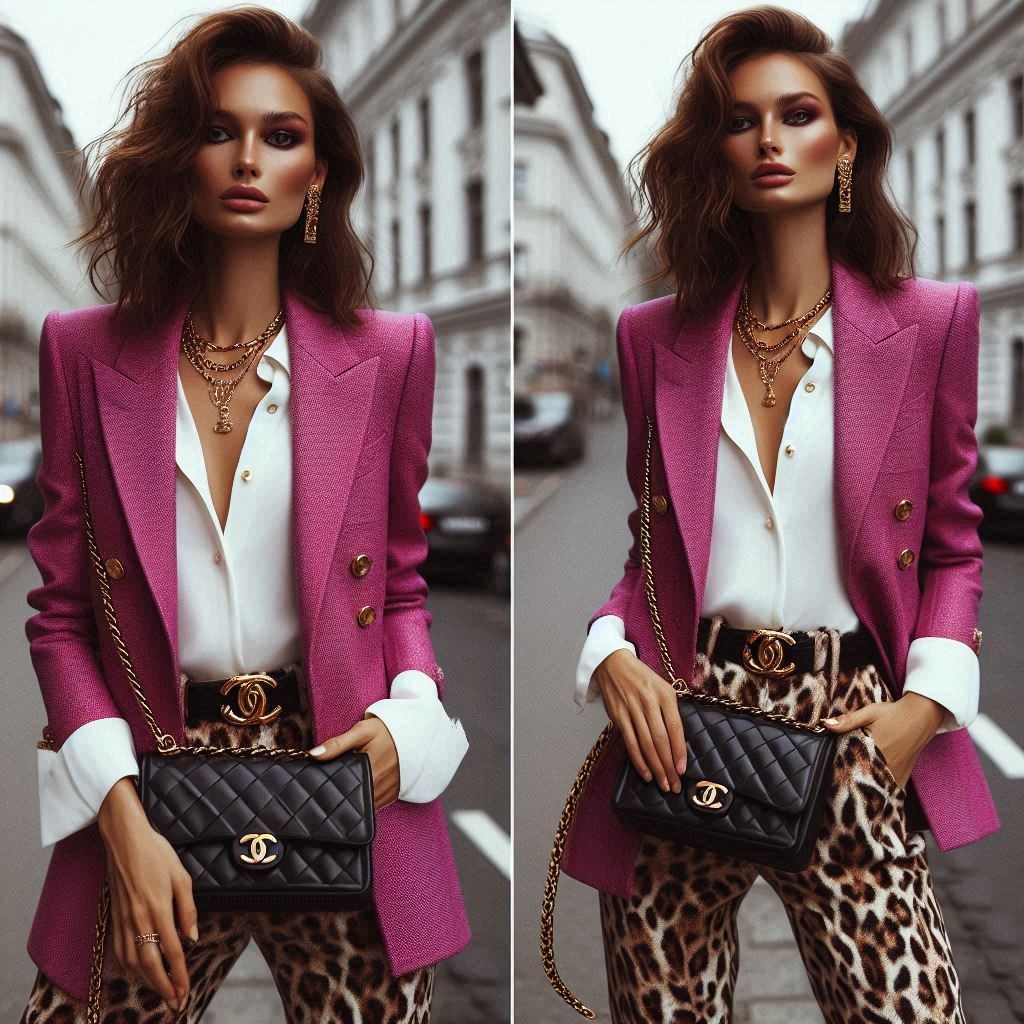 blazer fucsia e pantaloni animalier con accessori chanel