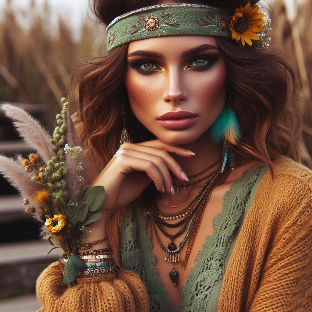 modella con fascia e gioielli etnici vestita in color ocra e verde salvia