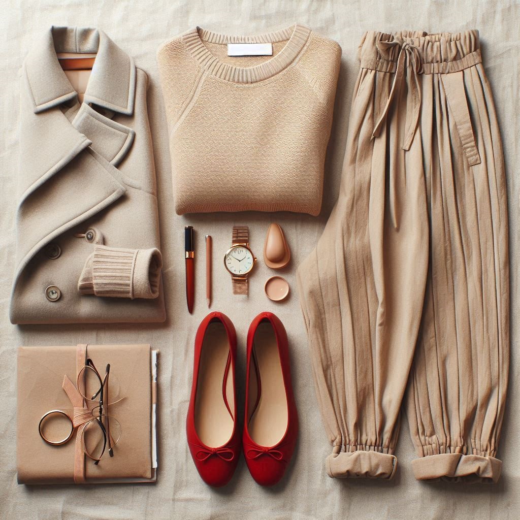 Outfit beige con ballerine rosse