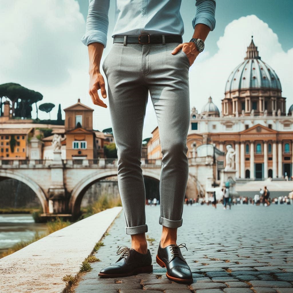 modello con pantaloni chino slim fit grigio chiaro e derby nere