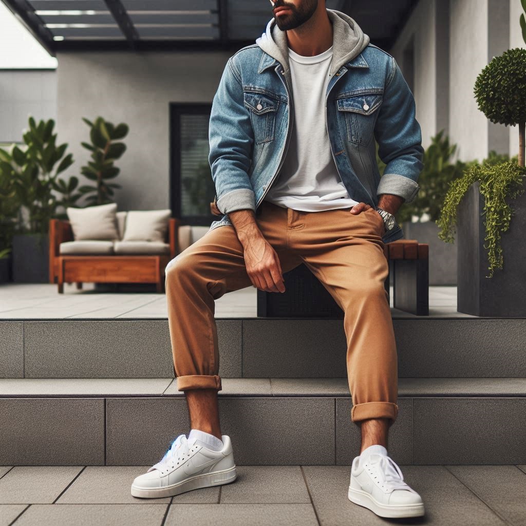 pantaloni chino uomo slim fit con giubbotto denim in look casual