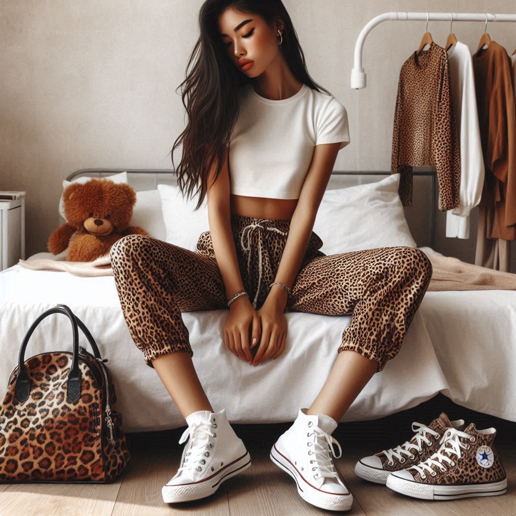 pantaloni animalier con elastico e accessori in tinta