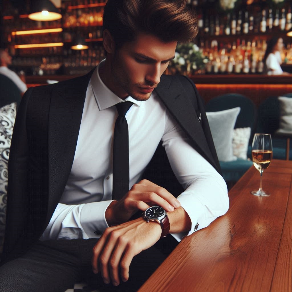 Uomo guarda l'ora al bar