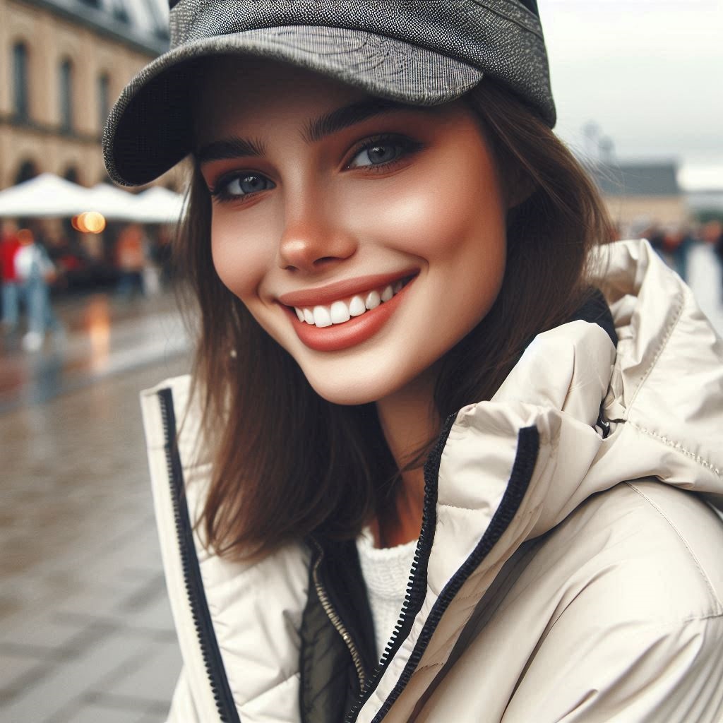 Giovane ragazza sorridente con cappellino visiera impermeabile grigio e giacca impermeabile bianca con zip e cappuccio