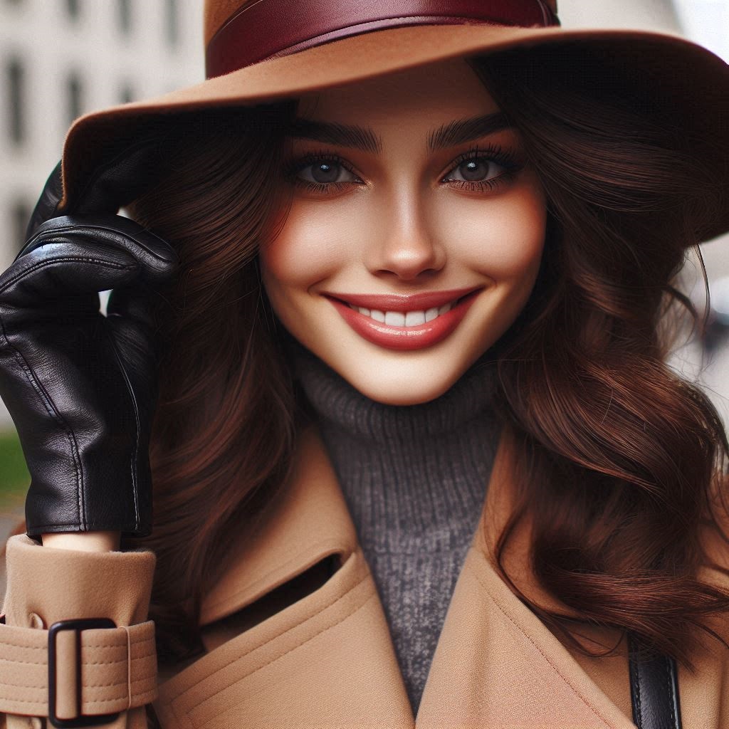 Giovane donna sorridente con cappello a tesa larga in feltro, cappotto e guanti in pelle nera