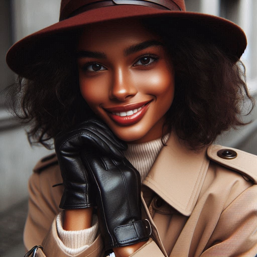 Giovane donna sorridente con cappello a tesa larga in feltro bordeaux, trench coat beige e guanti in pelle nera