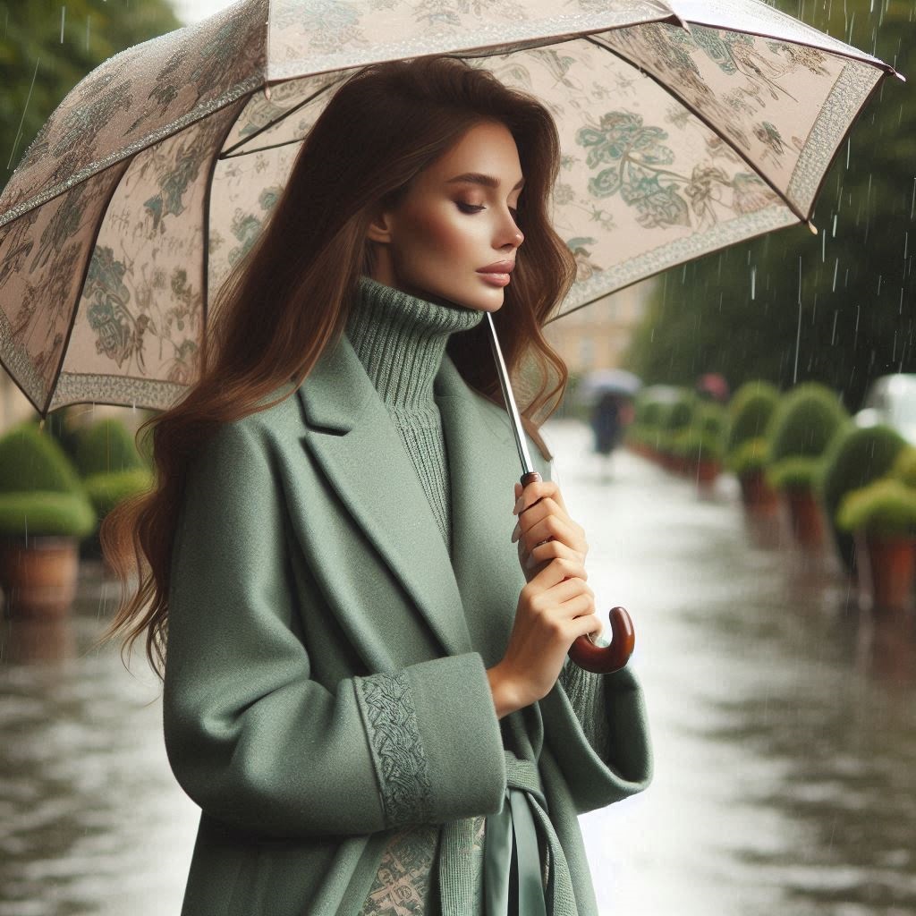 Moda sotto la pioggia, donna attraente con cappotto elegante color verde menta e ombrello coordinato con fantasia floreale rosa e verde menta