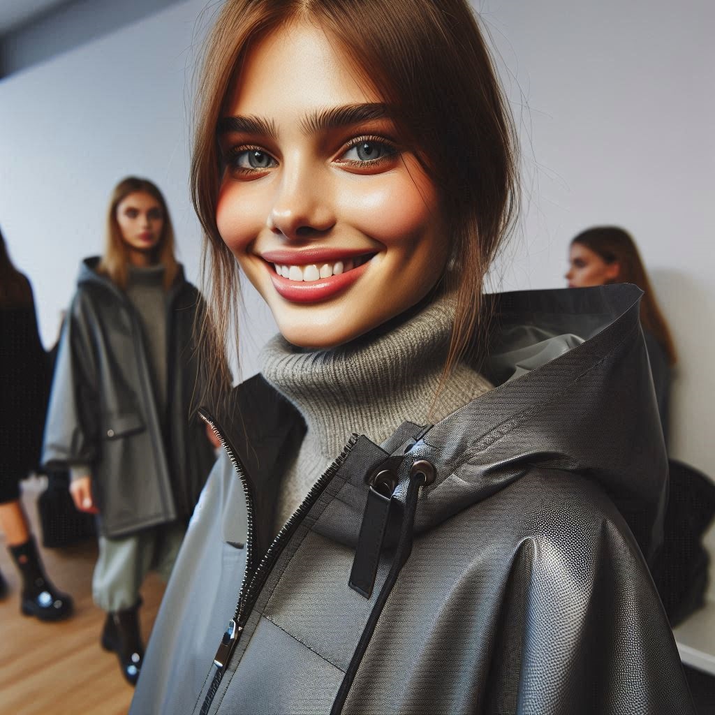 Ragazza sorridente indossa giacca impermeabile in tessuto tecnico con maglione a collo alto