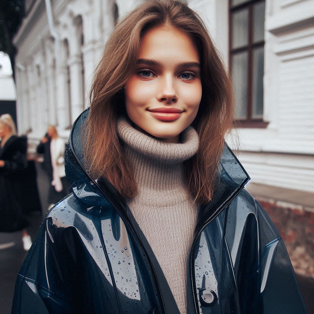 Ragazza con impermeabile blu trasparente in PVC