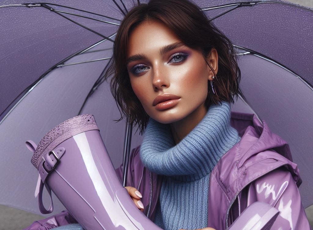Moda sotto la pioggia, donna con giacca impermeabile lilla e maglione pervinca mostra uno stivale in gomma colo lilla e si ripara con un ombrello color pervinca