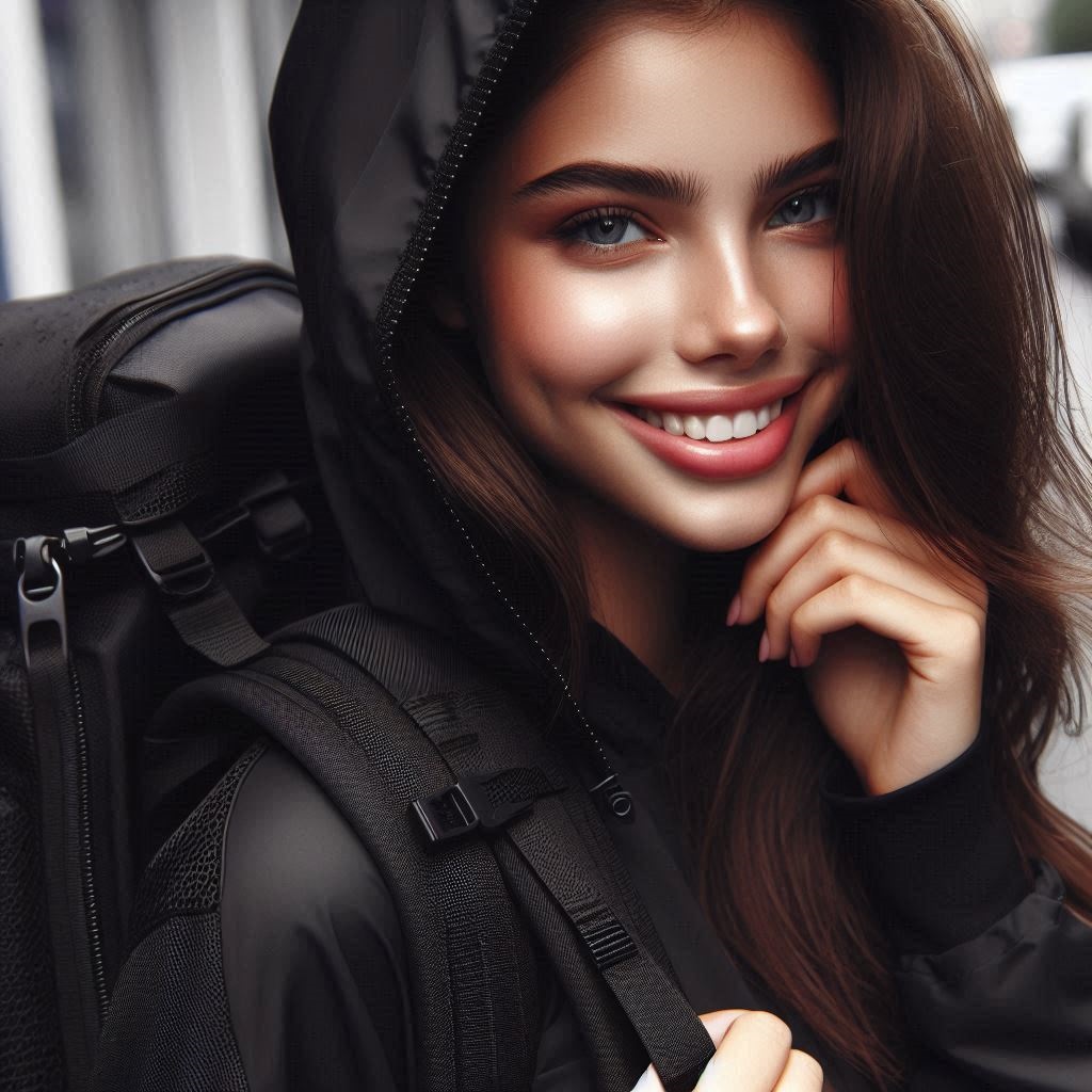 Giovane ragazza sorridente indossa un bomber nero con cappuccio e uno zaino nero impermeabile da viaggio