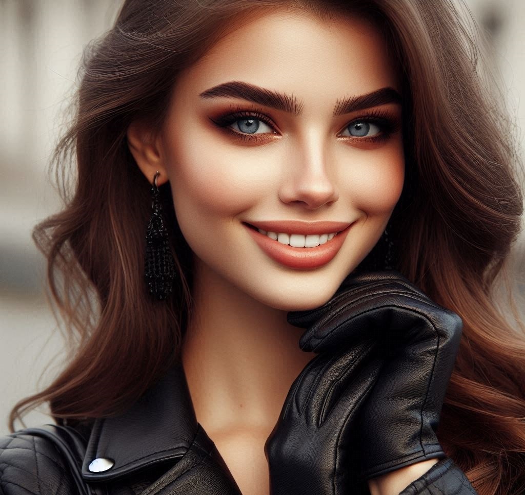 Ragazza sorridente indossa guanti in pelle nera