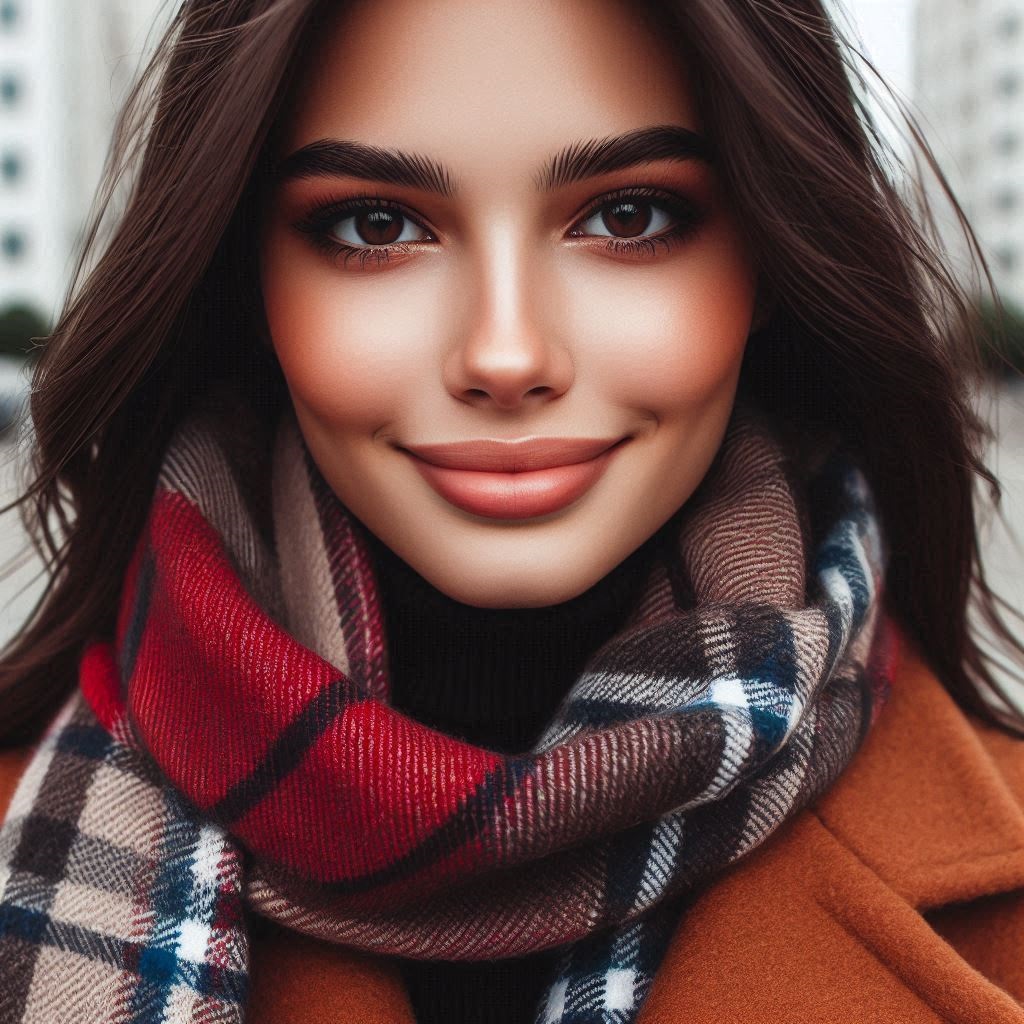 Ragazza con sciarpa scozzese su cappotto color ruggine