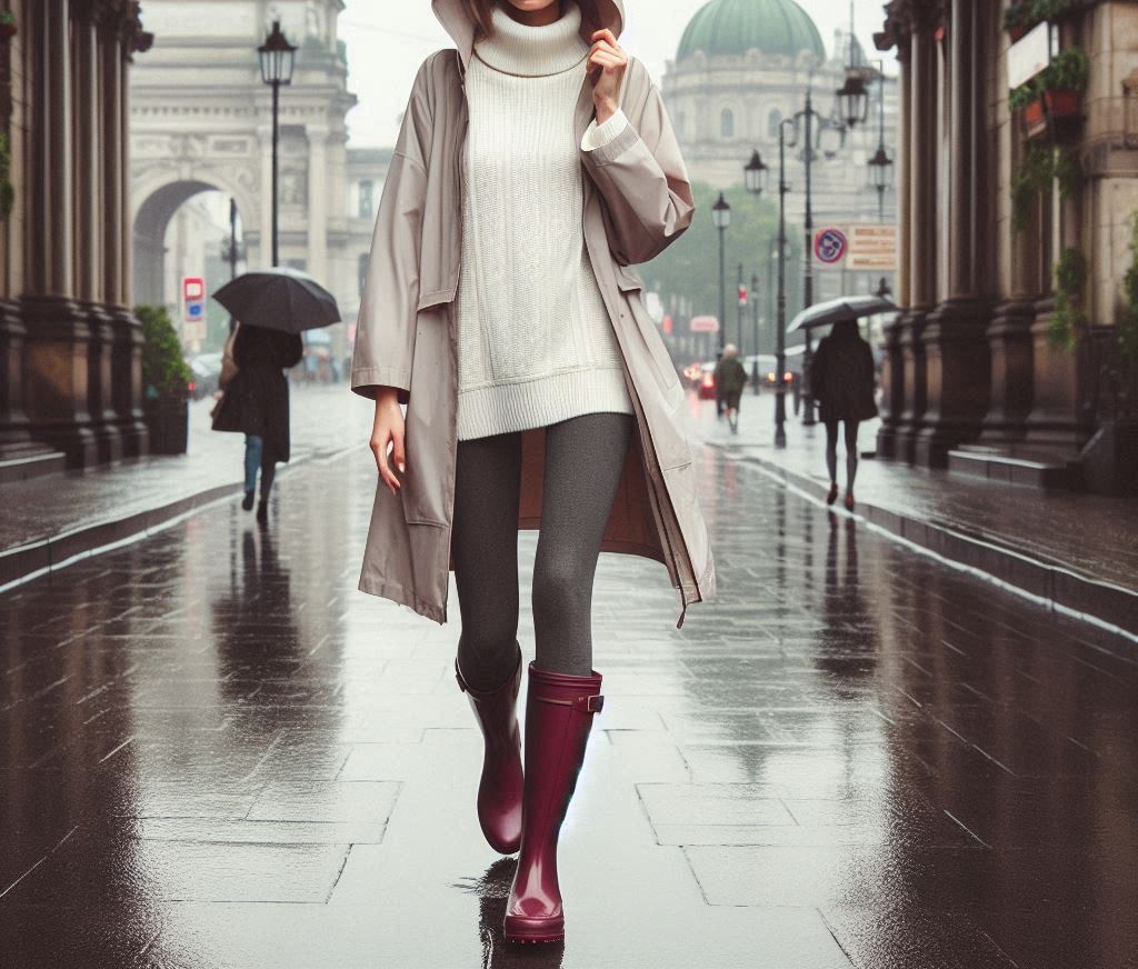 Donna cammina per strada con la pioggia indossando stivali in gomma bordeaux e un impermeabile con cappuccio
