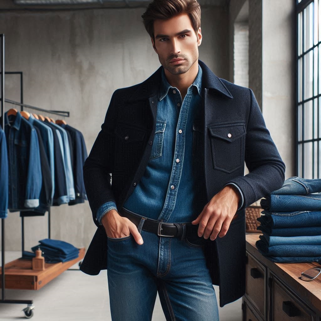 Denim grezzo e camicia chambray con giacca di lana