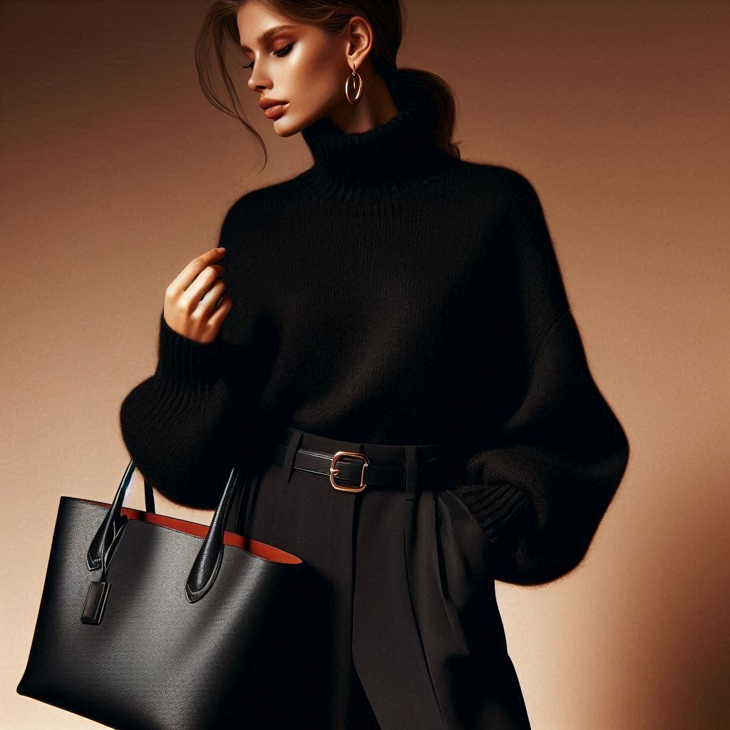 donna elegante con maglione a collo alto nero e borsa tote