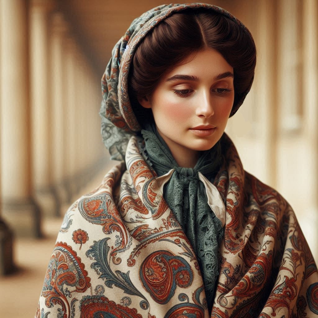 donna epoca coloniale con scialle persiano