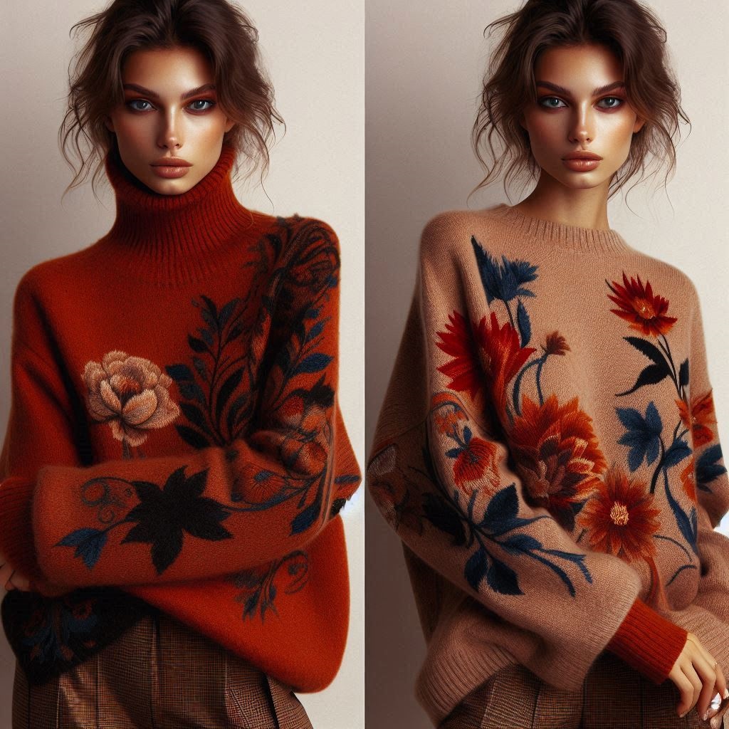 maglione con stampe floreali a collo alto e a girocollo color arancio