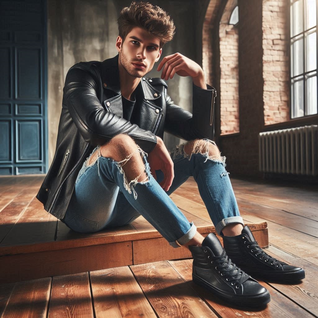 Jeans destroyed con giacca in pelle