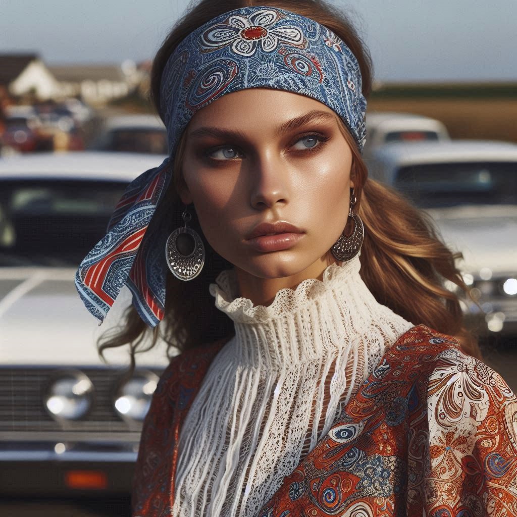 Ragazza anni '70 con abito paisley e bandana
