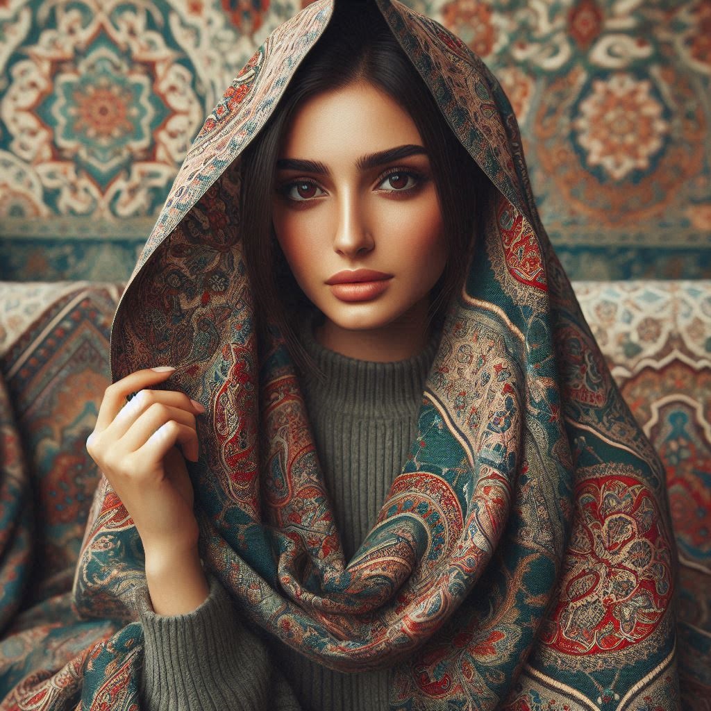 Donna con scialle del Kashmir motivo Paisley