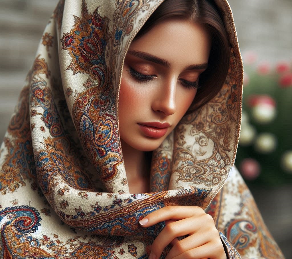donna di epoca vittoriana con scialle Paisley