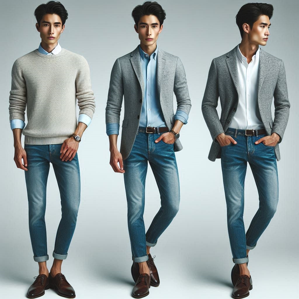 Modello indossa jeans slim fit in un look smart casual con maglione o blazer