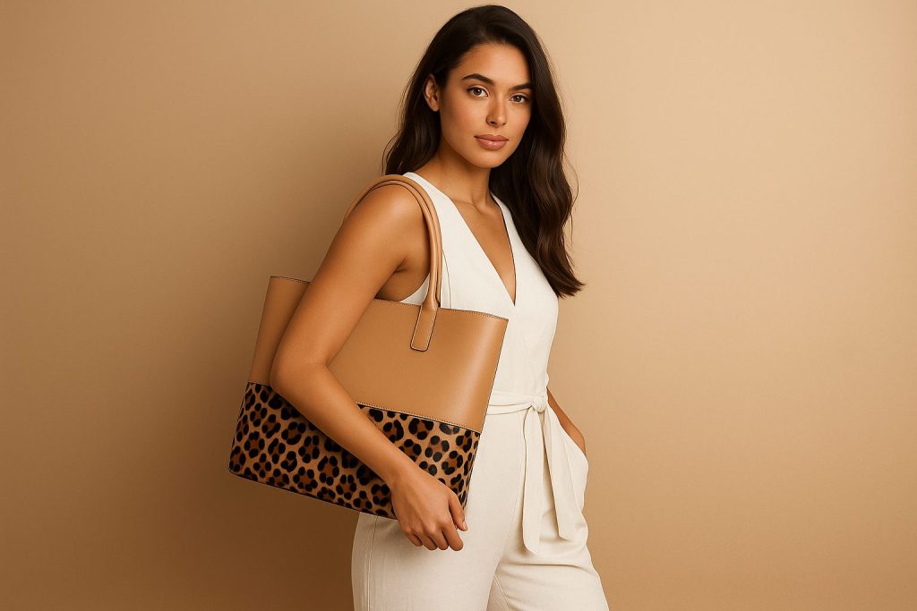 Borse di tendenza modella con tote bag animalier leopardata