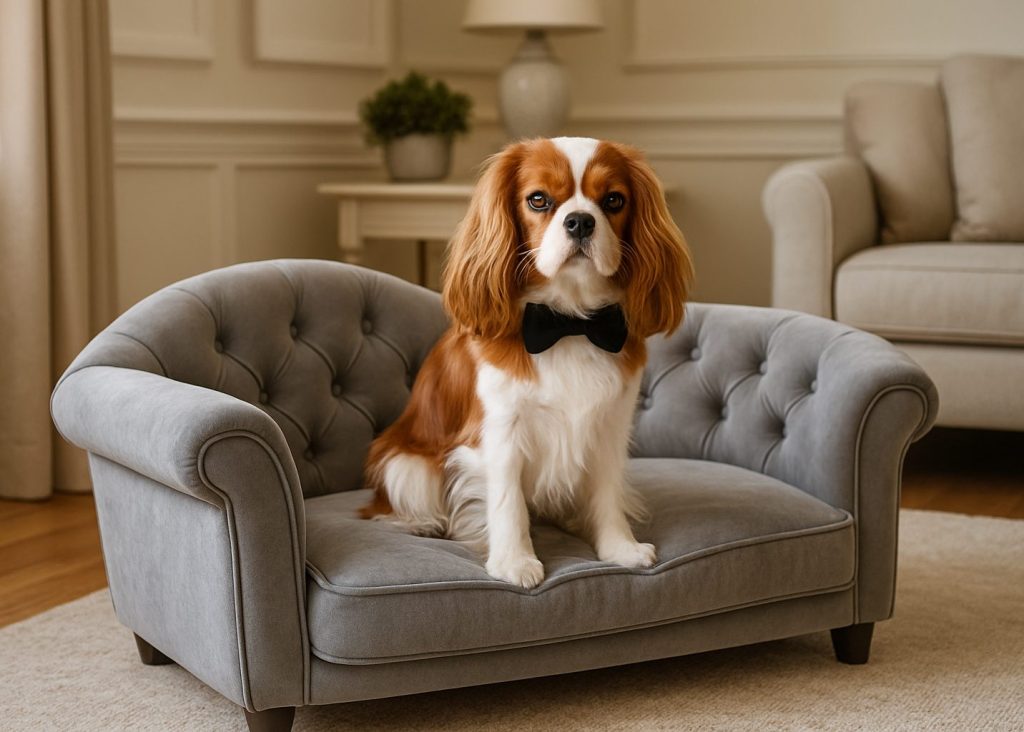 Maltese con papillon su divano per cani elegante in velluto grigio