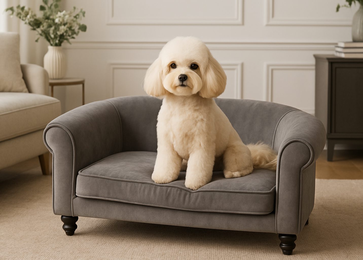 Barboncino bianco su divano per cani sfoderabile grigio
